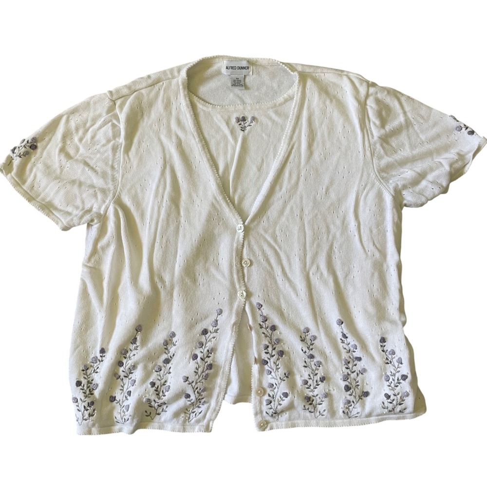 Alfred Dunner Womens 3X White Cardigan Sweater Short‎ Sleeve Floral Embroidered